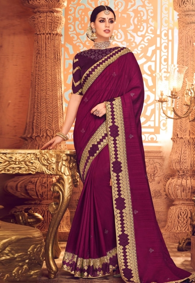 Magenta satin party wear saree  1906